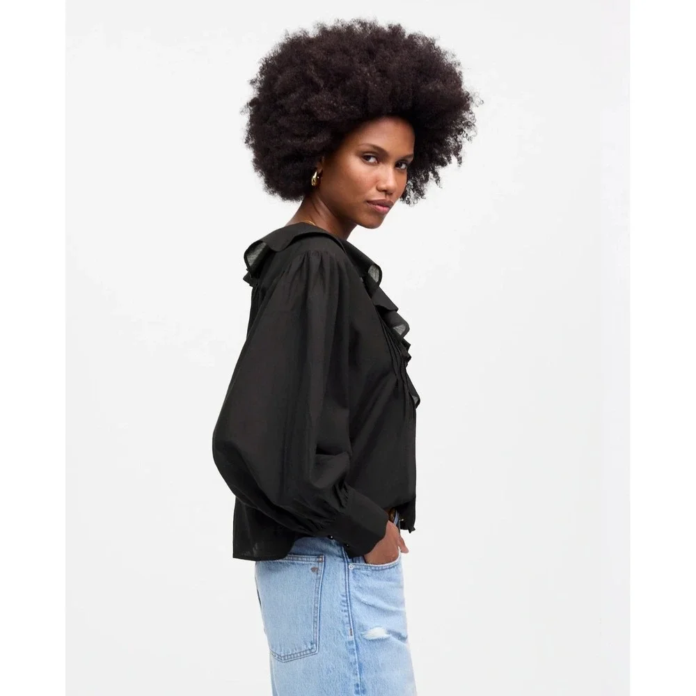 Madewell Black Ruffle Front Pintuck Long Sleeve Button Up Blouse XS